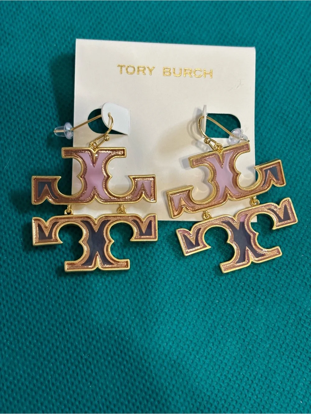 Tory Burch Gold-Tone Earrings with Pink Enamel Double-Logo Drops